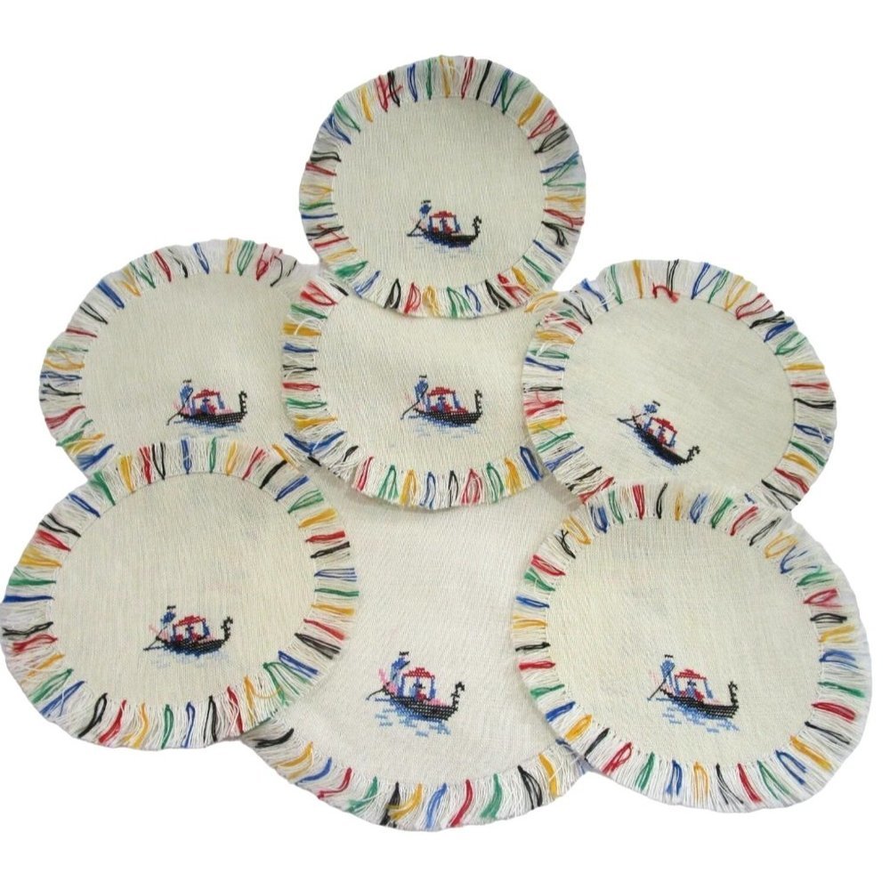 Vintage Cross Stitch Gondolier Cocktail Coaster Napkin Set 7 Rainbow Fringe EUC